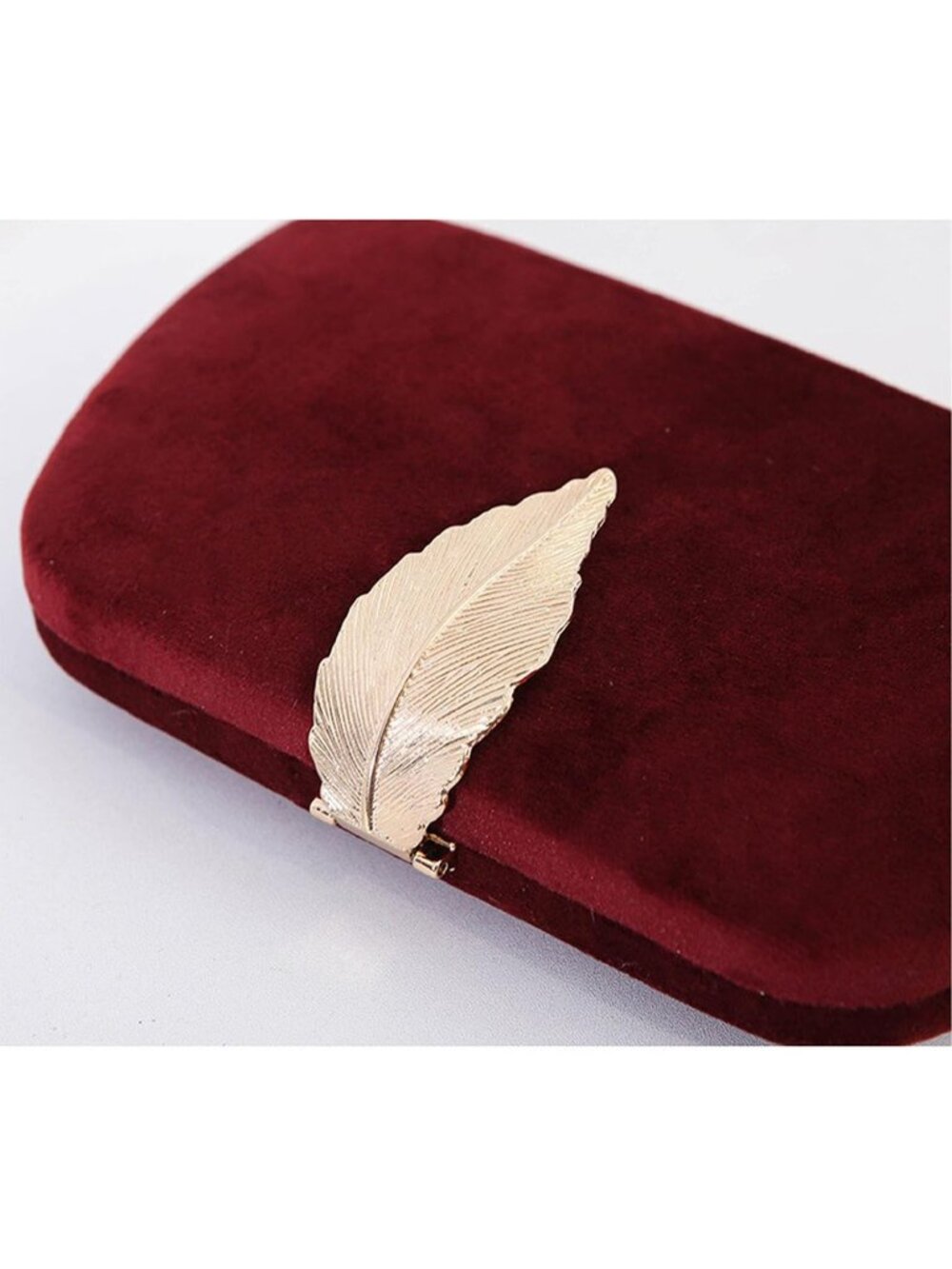 Women's Wine Red Elegant Clutch Purse Metallic Leaves Clasp Banquet Evening Bag - Picture 6 of 6